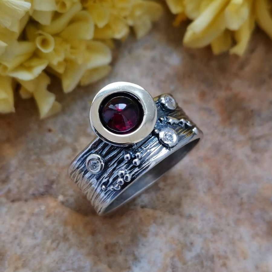 Bague en argent avec grenat, or et zircon MVR1520GR