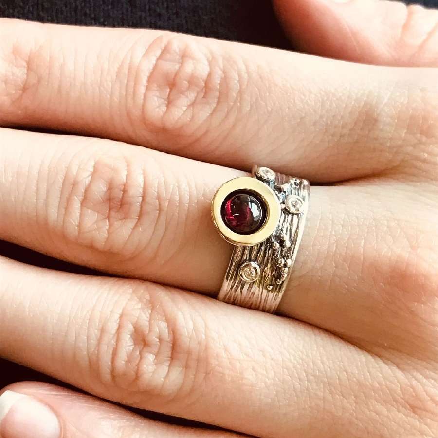 Bague en argent avec grenat, or et zircon MVR1520GR