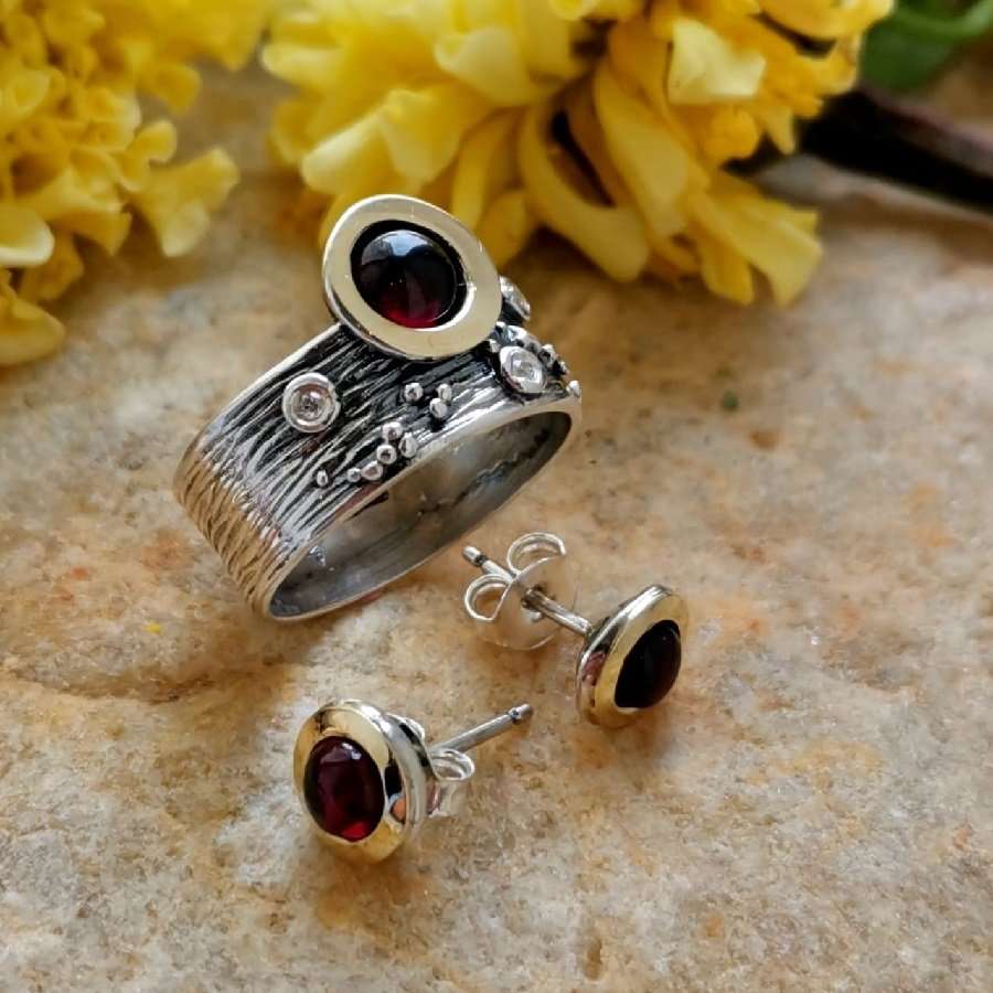 Bague en argent avec grenat, or et zircon MVR1520GR