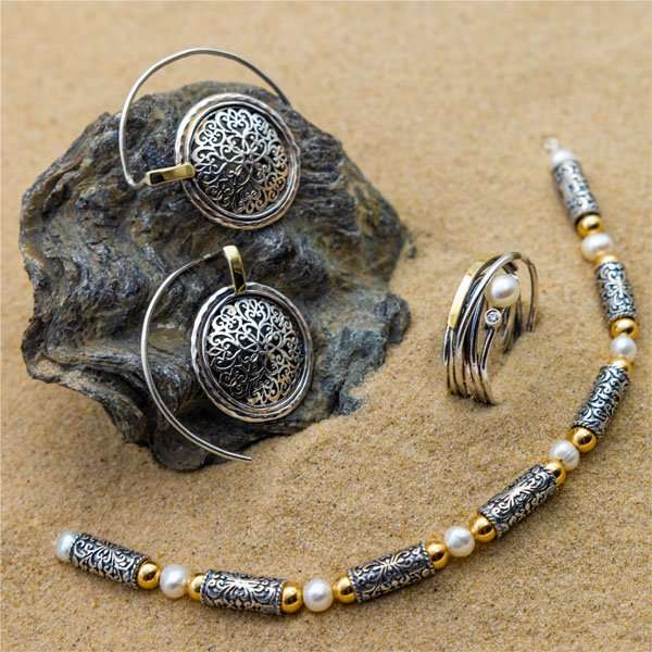 Silberring mit Gold, Perlen und Zirkon MVR1415GPL