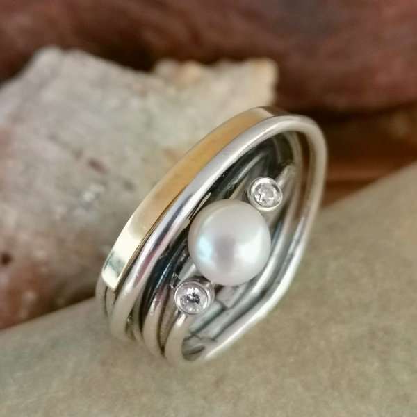 Silberring mit Gold, Perlen und Zirkon MVR1415GPL