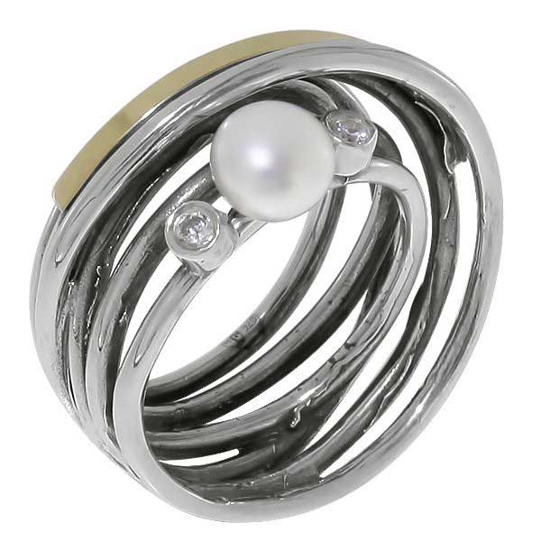 Silberring mit Gold, Perlen und Zirkon MVR1415GPL