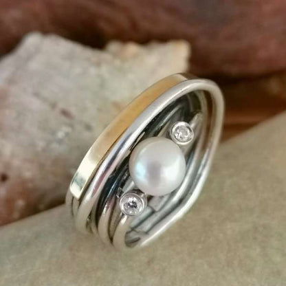 Silver ring with gold, pearls and zircon MVR1415GPL