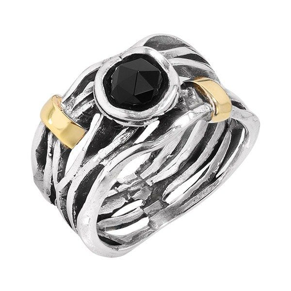 Серебряное кольцо с ониксом и золотом МВР1447ГОН